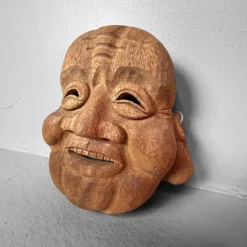 Pamono Japanese Hand-Carved Hotei God of Happiness Mask, 1980s><noscript><img width=