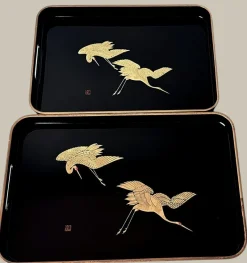 Online Pamono Japanese Maki Style Black Lacquer Trays, 1960, Set of 2