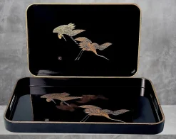 Online Pamono Japanese Maki Style Black Lacquer Trays, 1960, Set of 2