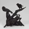 Pamono Japanese Meiji Era Artist, Large Okimono Sculpture with Lion and Crows, 1880s, Wood> Art Nouveau