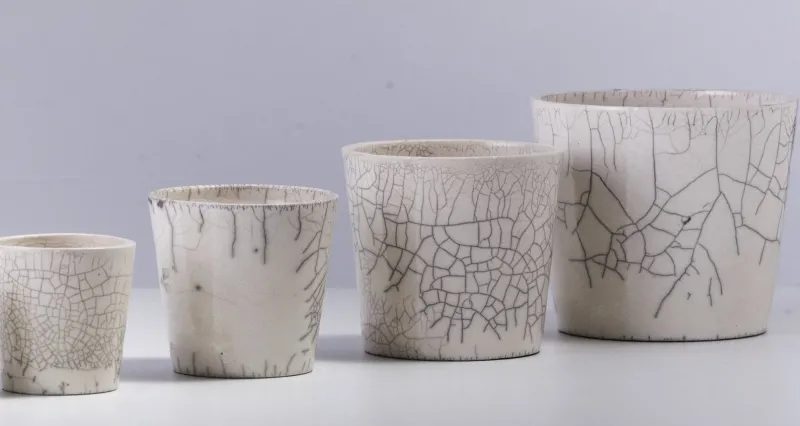 Pamono Japanese Minimalist White Crackle Raku Ceramics Bowls, Set of 4> Tabletop