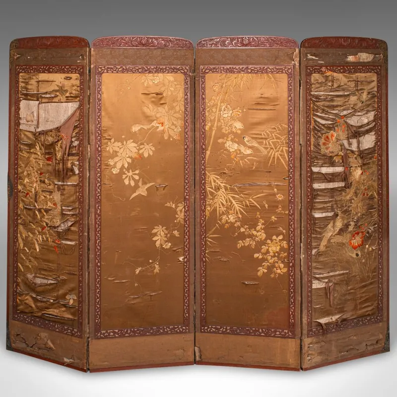 Pamono Japanese Photographic Prop Screen & Silk Cotton Room Divider, 1890s> Room Dividers & Screens