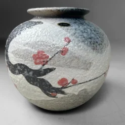 Pamono Japanese Shigaraki Flower Vase with Sakura Decor, 1970s><noscript><img width=