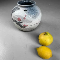 Pamono Japanese Shigaraki Flower Vase with Sakura Decor, 1970s><noscript><img width=