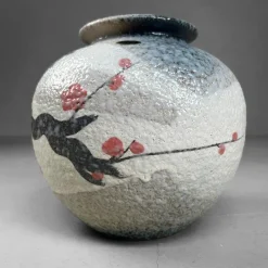 Pamono Japanese Shigaraki Flower Vase with Sakura Decor, 1970s><noscript><img width=