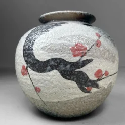 Pamono Japanese Shigaraki Flower Vase with Sakura Decor, 1970s><noscript><img width=