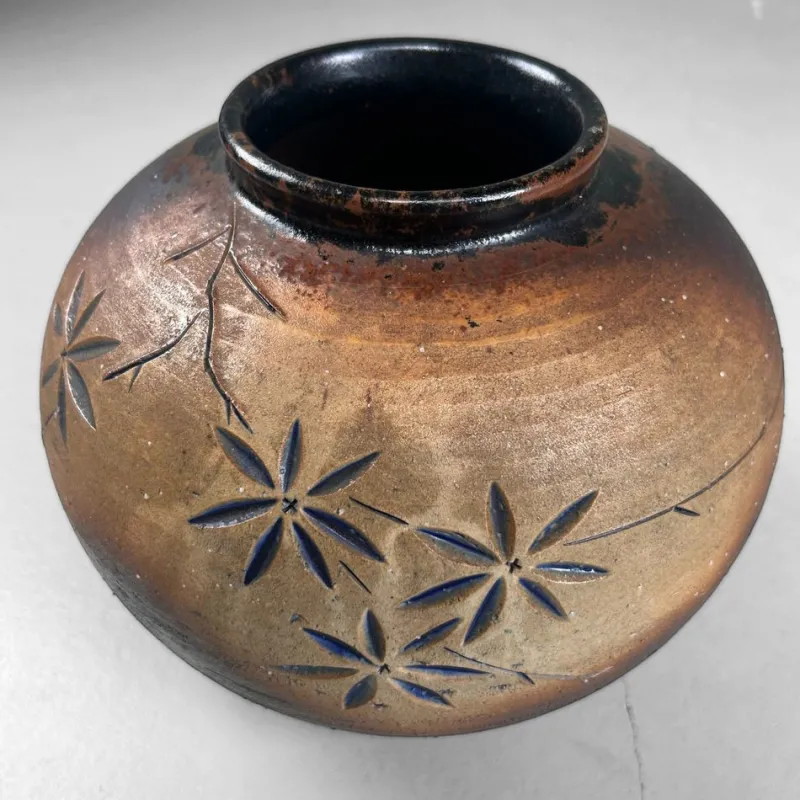 Discount Pamono Japanese Shigaraki Ikebana Vase with Carved Floral Motif, 1970s