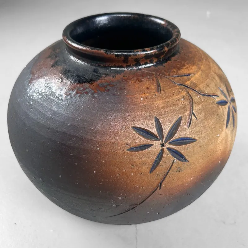 Discount Pamono Japanese Shigaraki Ikebana Vase with Carved Floral Motif, 1970s