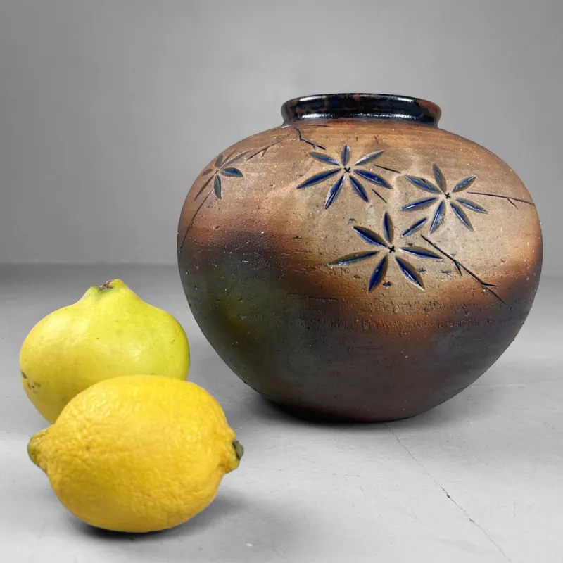 Discount Pamono Japanese Shigaraki Ikebana Vase with Carved Floral Motif, 1970s