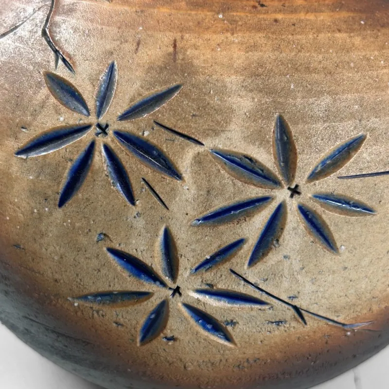 Discount Pamono Japanese Shigaraki Ikebana Vase with Carved Floral Motif, 1970s