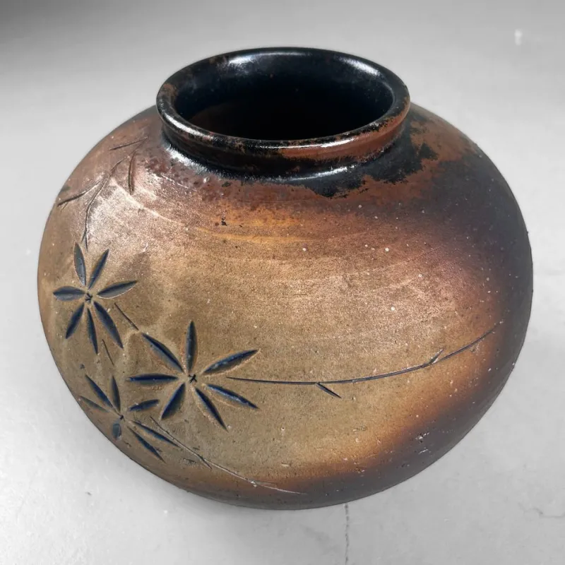 Discount Pamono Japanese Shigaraki Ikebana Vase with Carved Floral Motif, 1970s