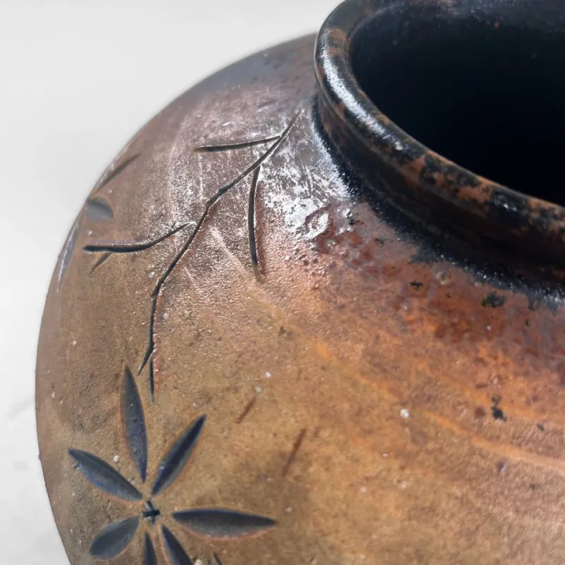 Discount Pamono Japanese Shigaraki Ikebana Vase with Carved Floral Motif, 1970s