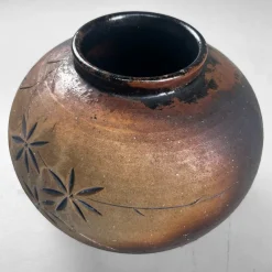Discount Pamono Japanese Shigaraki Ikebana Vase with Carved Floral Motif, 1970s