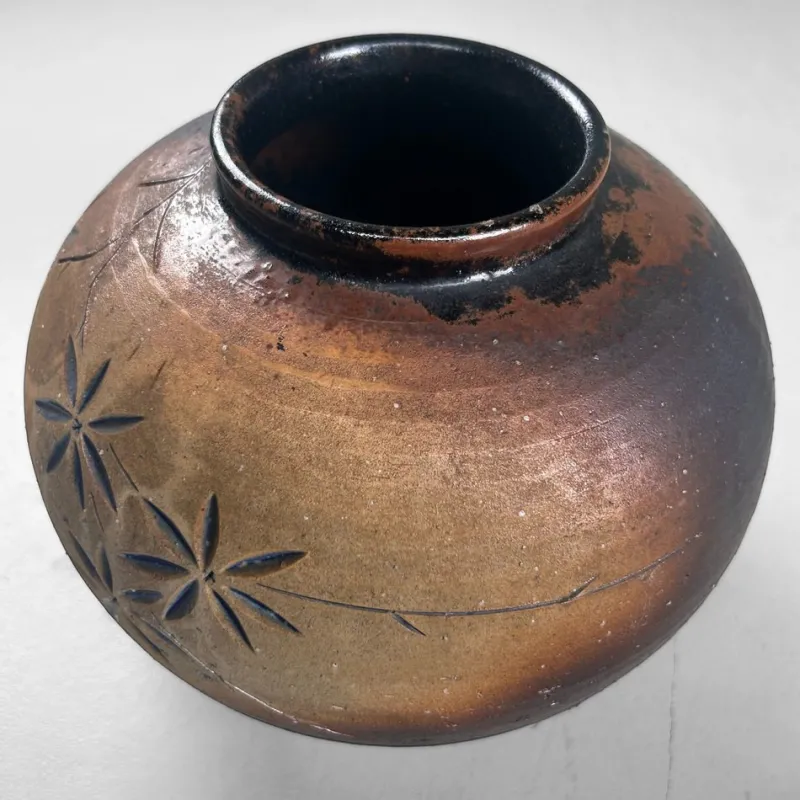 Discount Pamono Japanese Shigaraki Ikebana Vase with Carved Floral Motif, 1970s