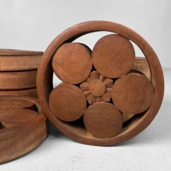 Pamono Japanese Wooden Plum Blossom Ornaments, 1920s, Set of 9><noscript><img width=