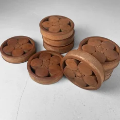 Pamono Japanese Wooden Plum Blossom Ornaments, 1920s, Set of 9><noscript><img width=