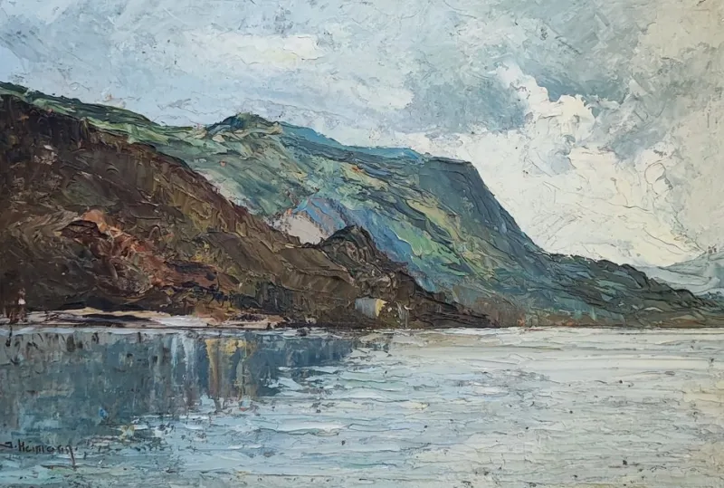 Hot Pamono Jean Heitmann, Paysage de lac et montagnes, 1939, Oil on Wood
