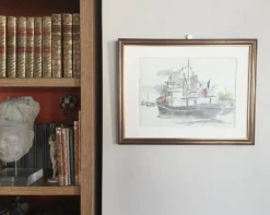 Pamono Jean Lachaud, Breton Tuna Boat at Quay, Signed Color Pencil Drawing><noscript><img width=