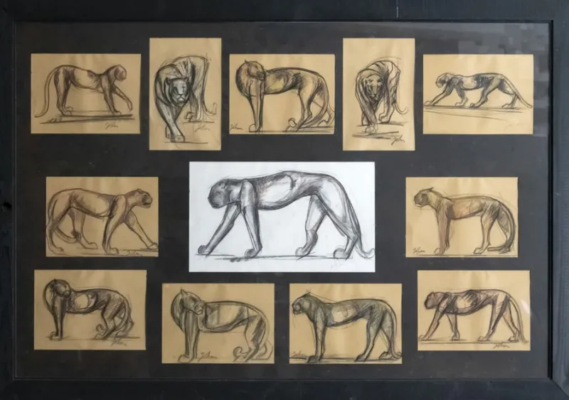 Pamono Johan Etiennette, Panther, Pastel Sketches on Paper, Framed> Mid-Century