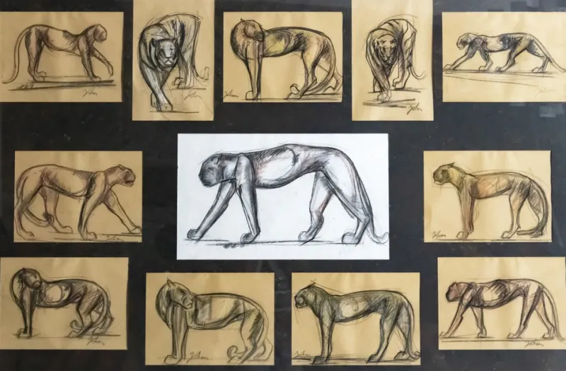 Pamono Johan Etiennette, Panther, Pastel Sketches on Paper, Framed> Mid-Century