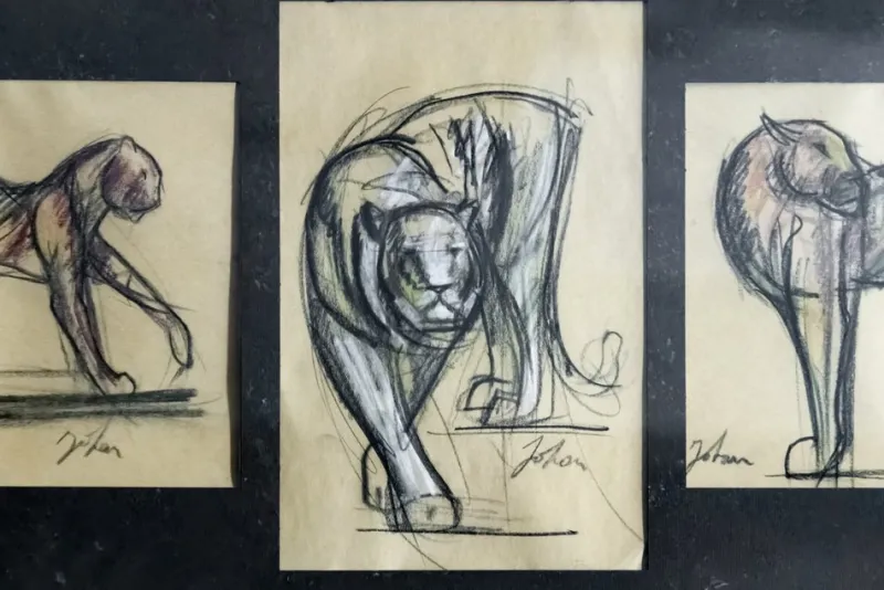 Pamono Johan Etiennette, Panther, Pastel Sketches on Paper, Framed> Mid-Century