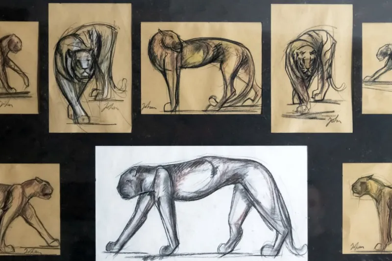 Pamono Johan Etiennette, Panther, Pastel Sketches on Paper, Framed> Mid-Century