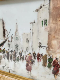 Pamono John Nighland, Italian Street Scene, 1950s, Oil on Ceramic, Framed><noscript><img width=
