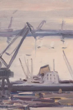 Sale Pamono Jose Pomes Abella, Barcelona Port, 1975, Oil on Canvas, Framed