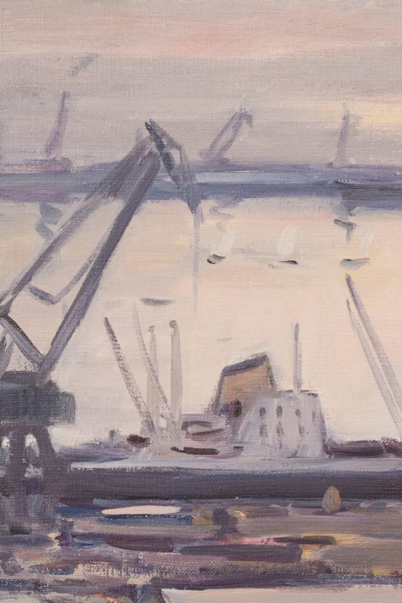Sale Pamono Jose Pomes Abella, Barcelona Port, 1975, Oil on Canvas, Framed