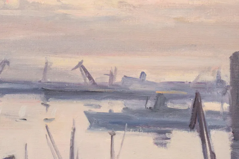 Sale Pamono Jose Pomes Abella, Barcelona Port, 1975, Oil on Canvas, Framed