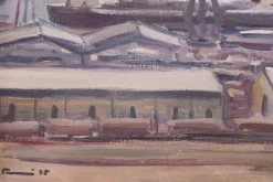 Sale Pamono Jose Pomes Abella, Barcelona Port, 1975, Oil on Canvas, Framed
