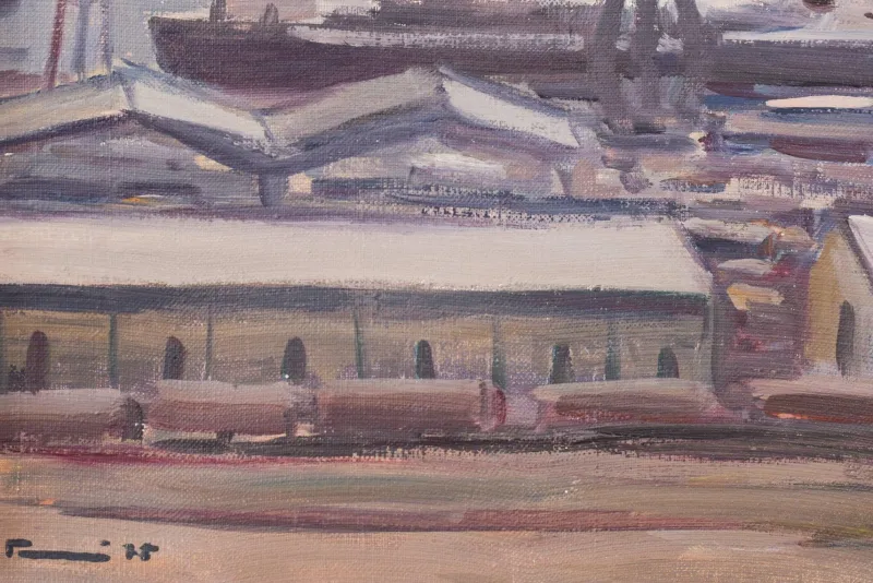 Sale Pamono Jose Pomes Abella, Barcelona Port, 1975, Oil on Canvas, Framed