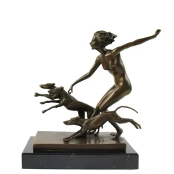 Best Pamono Josef Lorenzl, Art Deco Female Nude with Dogs, 1920s, Bronze on Marble Base