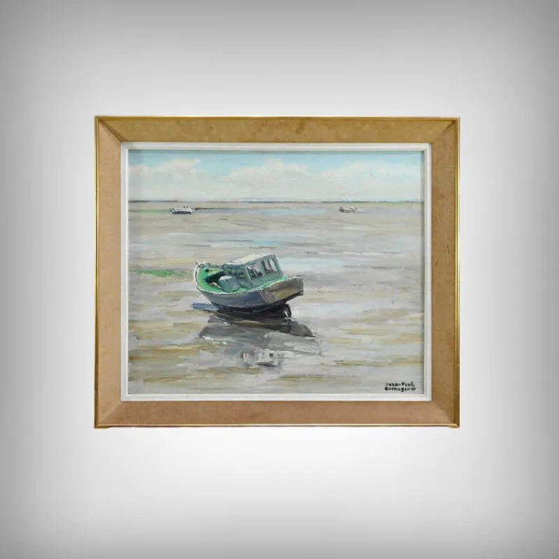 Pamono J-P. Guinegault, Boat at Low Tide, 20th Century, Oil on Canvas, Framed> Painting