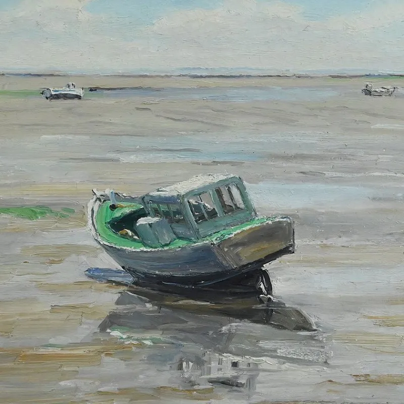 Pamono J-P. Guinegault, Boat at Low Tide, 20th Century, Oil on Canvas, Framed> Painting