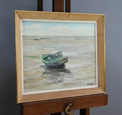 Pamono J-P. Guinegault, Boat at Low Tide, 20th Century, Oil on Canvas, Framed><noscript><img width=