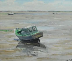 Pamono J-P. Guinegault, Boat at Low Tide, 20th Century, Oil on Canvas, Framed><noscript><img width=