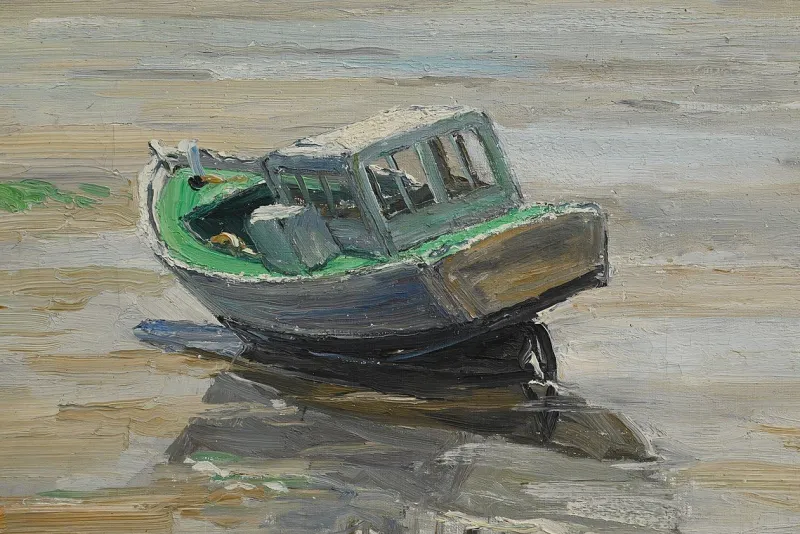Pamono J-P. Guinegault, Boat at Low Tide, 20th Century, Oil on Canvas, Framed> Painting