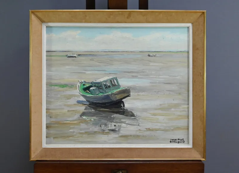 Pamono J-P. Guinegault, Boat at Low Tide, 20th Century, Oil on Canvas, Framed> Painting