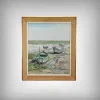 Pamono J-P. Guinegault, Boats at Low Tide, 20th Century, Oil on Canvas, Framed> Painting