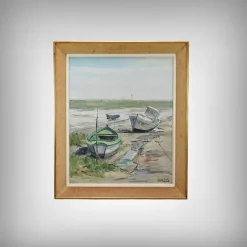 Pamono J-P. Guinegault, Boats at Low Tide, 20th Century, Oil on Canvas, Framed> Painting