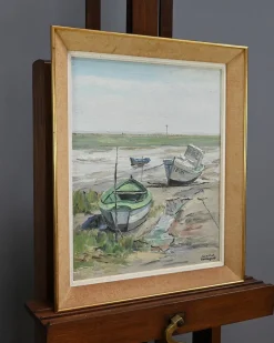 Pamono J-P. Guinegault, Boats at Low Tide, 20th Century, Oil on Canvas, Framed><noscript><img width=