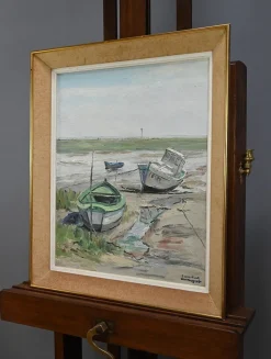 Pamono J-P. Guinegault, Boats at Low Tide, 20th Century, Oil on Canvas, Framed><noscript><img width=