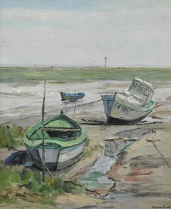 Pamono J-P. Guinegault, Boats at Low Tide, 20th Century, Oil on Canvas, Framed><noscript><img width=