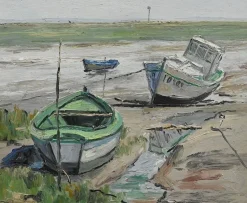 Pamono J-P. Guinegault, Boats at Low Tide, 20th Century, Oil on Canvas, Framed><noscript><img width=