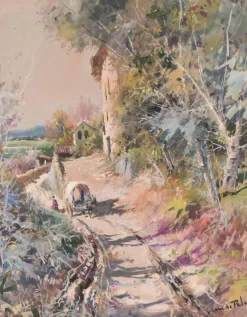 Outlet Pamono Juan de Palau Buixo, Large Landscape with Cart, 20th-Century, Watercolor on Paper, Framed