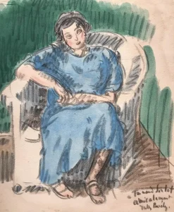 New Pamono Jules Borély, Seated Woman, Watercolor and Charcoal