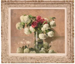 Clearance Pamono Jules Marie Joseph Roblin, Still Life with Pink Roses and May Ball, Oil on Canvas, 20th Century