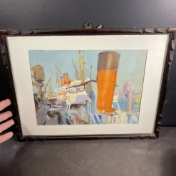 Clearance Pamono Jules Van De Leene, Marine Liner at Dock, 1920s, Gouache