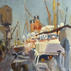 Clearance Pamono Jules Van De Leene, Marine Liner at Dock, 1920s, Gouache